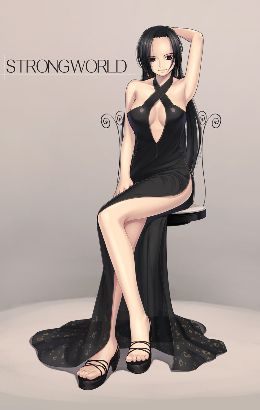 1girls alternate_costume black_dress black_hair boa_hancock brown_eyes dress earrings female female_only high_resolution legs_crossed long_hair one_piece one_piece_film_strong_world open_toe_shoes sandals side_slit sitting solo straight_hair