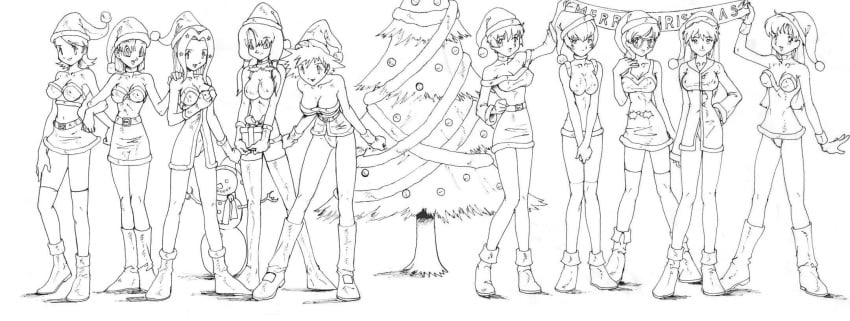 ai_yori_aoshi asuka_langley_sohryu bulma_briefs christmas clothes clothing crossover digimon dragon_ball dragon_ball_z dress erect_nipples erect_nipples_under_clothes female female_only front_view glasses godofchaos human jun_motomiya large_breasts medium_breasts mimi_tachikawa monochrome multiple_females neon_genesis_evangelion rei_ayanami skirt sora_takenouchi standing taeko_minazuki teenager videl