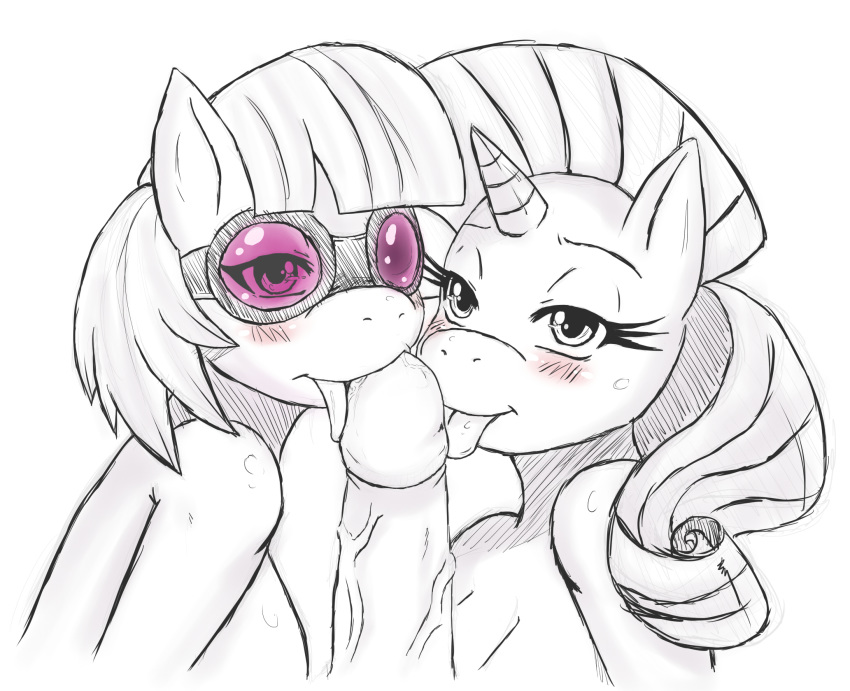 2011 anthro anthrofied blush breasts collaborative_fellatio drooling earth_pony equine erection fellatio female friendship_is_magic group group_sex horn horse licking male mammal my_little_pony oral partial_male penis penis_lick photo_finish_(mlp) pony purple_glasses rarity_(mlp) saliva sex simple_background sssonic2 straight straight_hair threesome tongue tongue_out unicorn white_background