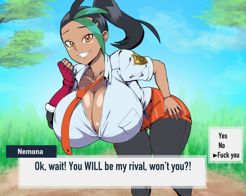 1girls alternate_body_type alternate_breast_size bent_over big_breasts breasts cleavage clothed clothing comedy_gold dark-skinned_female dark_skin dialogue english_text female female_only fingerless_gloves game_freak gameplay_mechanics gloves hand_on_hip hi_res huge_breasts large_breasts looking_at_viewer necktie nemona_(pokemon) nintendo pokemon pokemon_sv seductive smile solo solo_female text text_box thecon tie voluptuous wide_hips