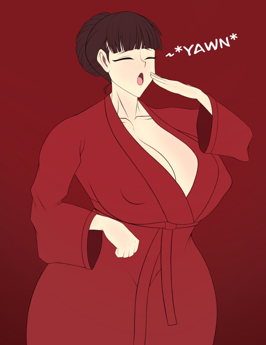 1girls amagi_yukiko black_hair boob_window closed_eyes dragonbreaker huge_breasts lipstick nipple_bulge persona persona_4 robe thick_thighs yawn