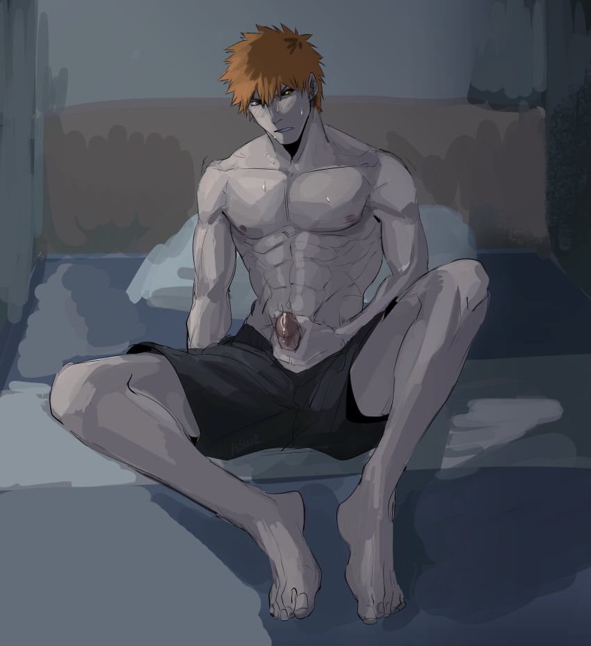 1boy abs absurdres asure_(asure_twi) barefoot bed black_shorts black_sky bleach full_body heterochromia highres ichigo_kurosaki indoors looking_at_viewer male_focus male_only masturbation muscular muscular_male orange_hair pectorals penis short_hair shorts solo sweat topless_male