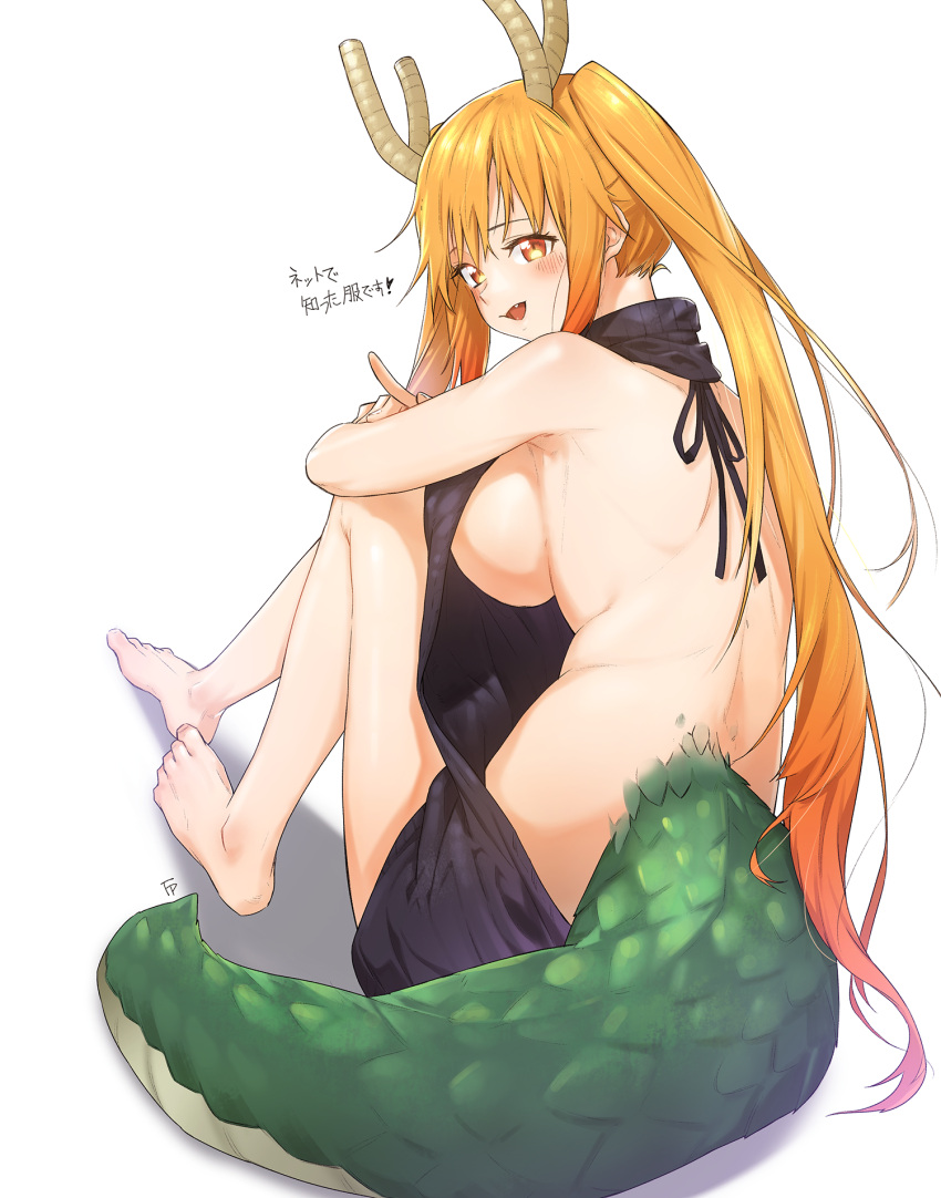 1girls artist_name backless_outfit bare_back barefoot black_sweater breasts dragon_girl dragon_horns dragon_tail fpanda from_behind horns large_breasts large_tail long_hair looking_at_viewer looking_back meme_attire miss_kobayashi's_dragon_maid orange_eyes orange_hair scales sideboob simple_background sitting solo sweater tail tohru_(dragon_maid) turtleneck turtleneck_sweater twintails v virgin_killer_sweater white_background