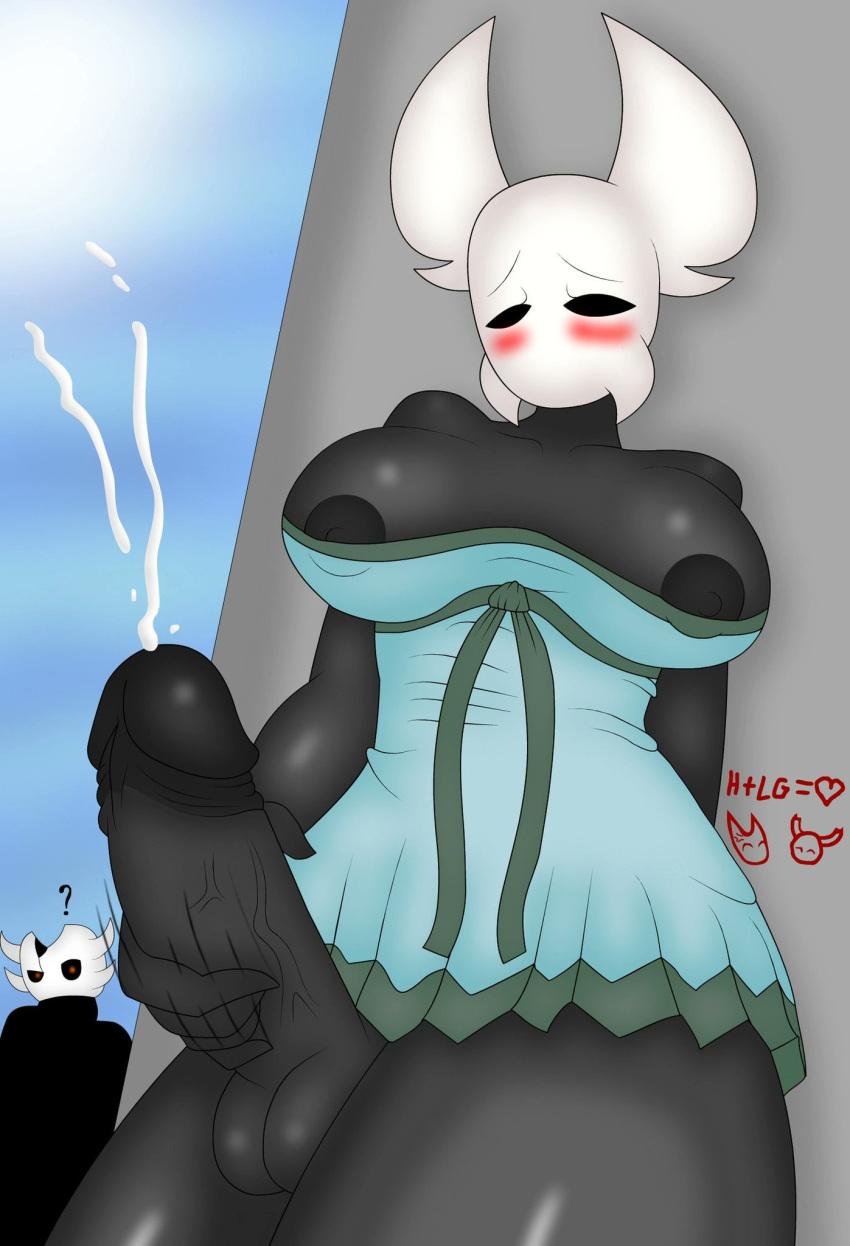 1futa 2022 areolae balls big_breasts big_penis black_body black_skin bottomless breasts breasts_out clothed clothing cock cum cumming dress ejaculation erection fan_character futa_only futanari hollow_knight humanoid humanoid_penis low-angle_view magalnik masturbation mostly_clothed nipples oc orgasm penis penis_out self_upload solo standing team_cherry vessel_(species) white_head