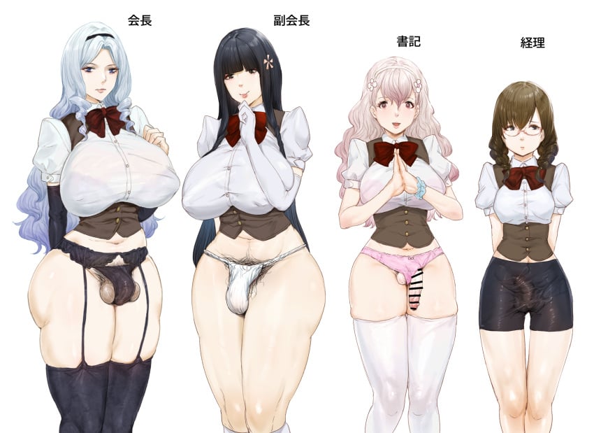 4futas artist_name balls bangs bar_censor big_breasts big_penis bike_shorts black_hair breasts bulge censored clothed clothing flaccid fully_clothed futa_only futanari garter_belt garter_straps huge_breasts human light-skinned_futanari light_skin lineup long_hair mesisinja panties partially_clothed penis penis_size_difference penis_through_leghole penis_under_clothes pubic_hair shorts spats standing white_hair