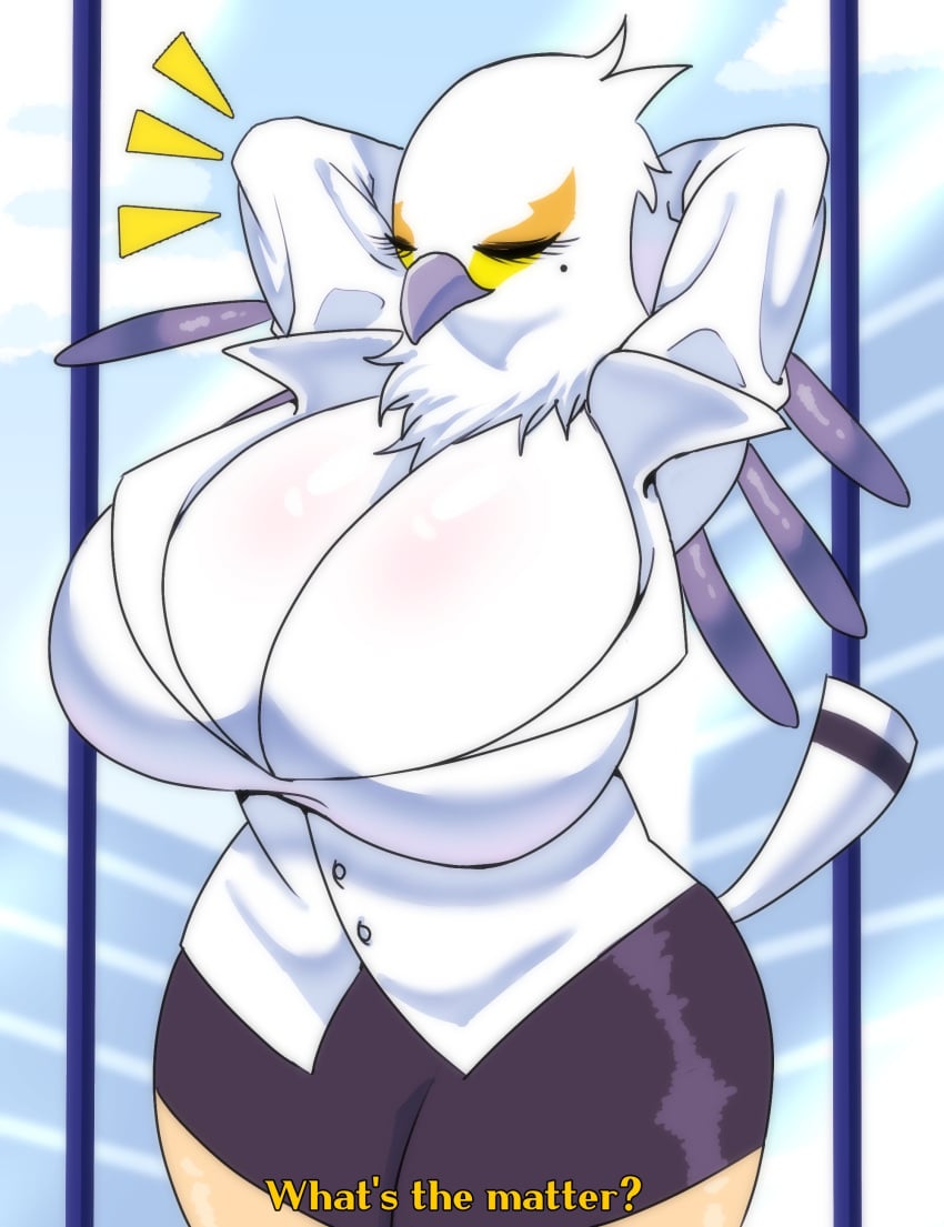 aggressive_retsuko anthro armpits avian beak big_breasts breasts cleavage clothed clothing dialogue english_text female furry furry_only hi_res huge_breasts ian__nsfw large_breasts sanrio secretary_bird secretary_washimi solo tagme text thick_thighs