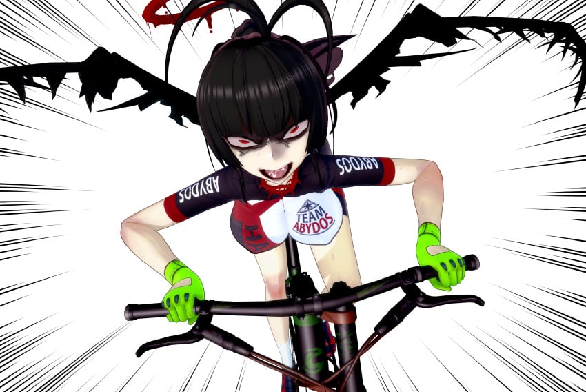 2022 3d abceefg abstract_background ahoge angry_face bangs bare_legs bicycle big_breasts bike bikesuit black_hair blue_archive breasts cycling cycling_uniform dark_hair funny halo koikatsu long_hair nipple_bulge open_mouth pale-skinned_female pale_skin red_eyes skin_tight sweat tsurugi_(blue_archive) wings