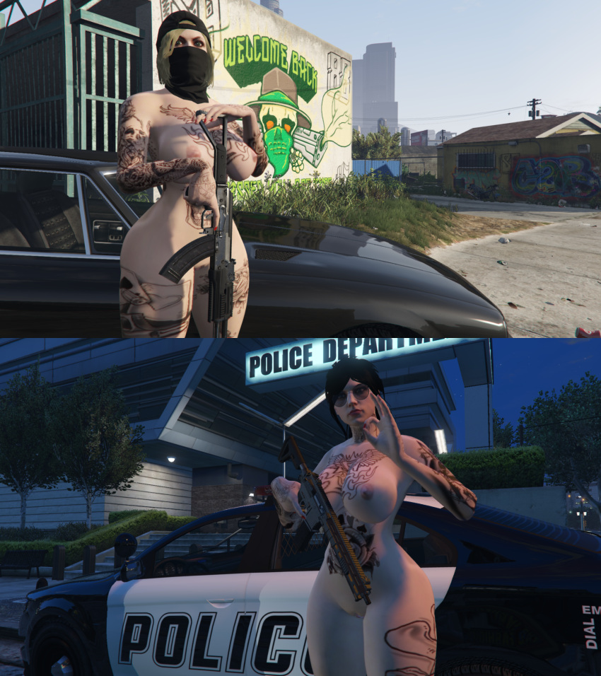 casual female firearm gangster ghetto grand_theft_auto_v gun guns human lydia_vale naked_female nopixel pale_skin pinup police_station policewoman public rifle summer_mersion tattoos weapon