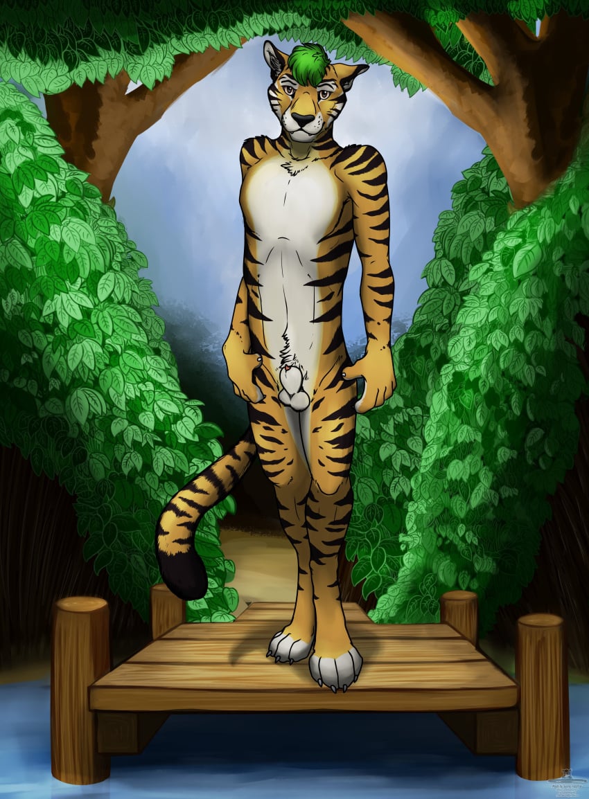 absurd_res ahaditiger animal_genitalia anthro casual_nudity detailed_background felid genitals hi_res looking_at_viewer male mammal nature nude pantherine penis penis_tip plantigrade sheath siberian_tiger solo stripes sunny_frostwolf tiger