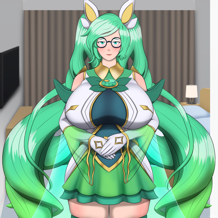 alone_in_shadow big_breasts blush breasts fully_clothed glasses green_eyes green_hair large_breasts league_of_legends sona_buvelle star_guardian_sona twintails