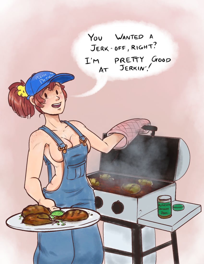 amelia_bedelia barely_clothed breasts casual clothing female handwear human naked_overalls outerwear overalls pale_skin pixxxel