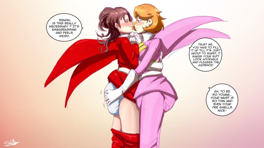 2girls blush breasts brown_hair diaper diaper_under_clothing diapered_lovers dress gloves hand_on_diaper hugging kujikawa_rise medium_breasts official_alternate_costume orange_hair pants pants_down persona persona_3 persona_4 pink_dress pink_pants red_dress red_eyes red_pants short_dress short_hair sketchmandl twintails yellow_eyes yukari_takeba