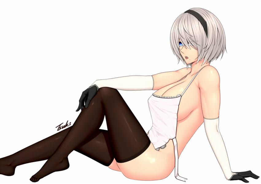 1girls apron apron_only armwear big_breasts black_thighhighs blue_eyes breasts cleavage female female_only gloves hair huge_breasts legwear mole mole_under_mouth naked_apron nier nier:_automata nier_(series) solo solo_female thick_thighs thighhighs thighs tsuki_riven white_apron white_gloves white_hair yorha_2b