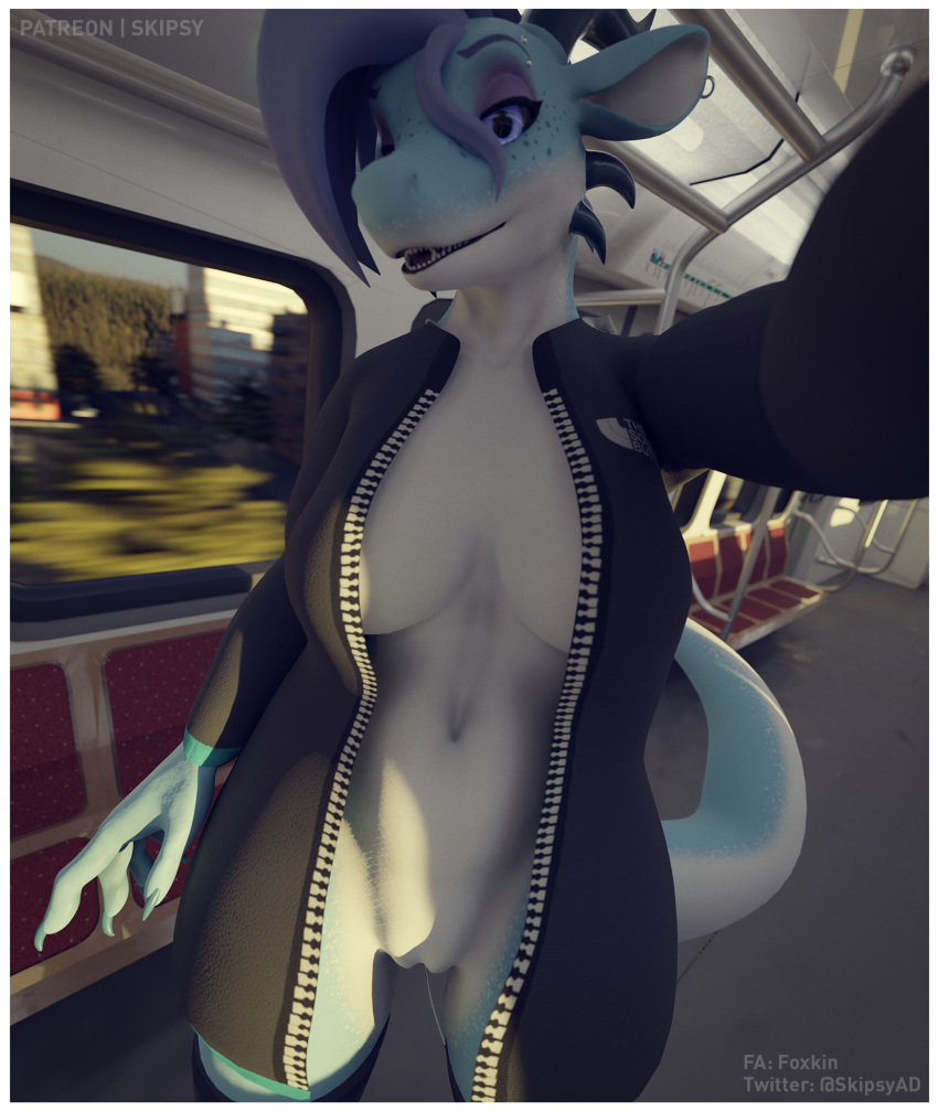 1girls 2022 3d anthro black_clothing black_jacket black_topwear border breasts cleavage clothed clothing digital_media_(artwork) dragon female furaffinity genitals hi_res inside jacket lidded_eyes open_mouth patreon pussy scalie signature skipsy skipsy_dragon_(character) solo topwear train twitter vehicle white_border wingless_dragon zipper