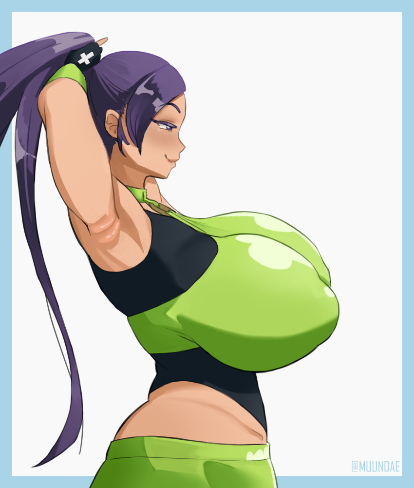 1girls armpits arms_behind_back big_breasts bottomwear breasts clothing dragon_quest dragon_quest_xi erect_nipples female female_only hair hands_behind_head huge_breasts jade_(dq11) large_breasts muundae ponytail purple_eyes purple_hair side_view sideboob smile solo solo_female topwear