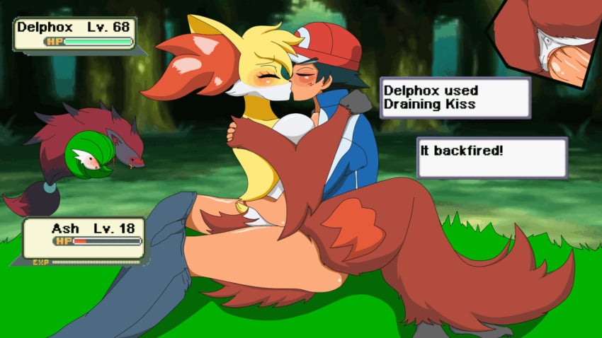 1boy animated anthro anthro_on_human arms_around_neck arms_around_partner arms_around_waist ash_ketchum ass black_hair blush breasts breasts_pressed_against_partner clothing cowgirl_position creampie cum cum_in_pussy cum_inside delphox draining_kiss draining_kiss_(pokemon_move) energy_drain english_text female fox fox_ears fox_girl fox_tail french_kiss french_kissing furry furry_on_human game_freak gardevoir gloves hat health_bar huge_breasts human_on_anthro human_on_furry impregnation interspecies interspecies_impregnation jacket kissing leg_lock legs_around_partner level_number male male_human/female_pokemon male_on_anthro mosaic_censoring open_jacket open_mouth outdoors ovum pants penetration pokemon pokemon_(anime) pokemon_(species) pokephilia red_eyes red_fur red_hat reverse_rape satoshi_(pokemon) sex shocked_expression short_tail sperm_cell spread_legs text text_box vaginal_penetration x-ray xml_xrossover(artist) yellow_fur zoroark