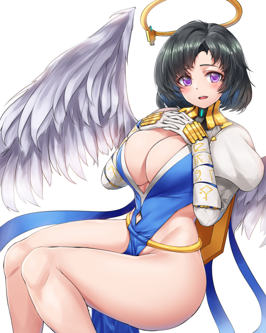 1girls absurd_res absurdres angel_(last_origin) angel_wings big_breasts black_hair blue_dress blush blush_lines blushing_at_viewer breasts cho!cho! cleavage cleavage_cutout clothing_cutout dress elbow_gloves female female_focus female_only gloves halo hands_up hi_res high_resolution highres large_breasts last_origin light-skinned_female light_skin looking_at_viewer open_mouth pelvic_curtain purple_eyes short_hair simple_background sitting smile solo solo_female solo_focus teeth thick thick_thighs thighs tongue upper_teeth white_background wings