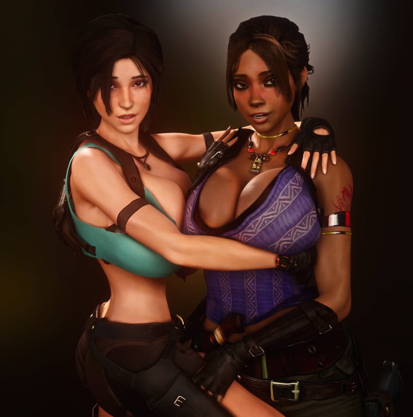 2girls 3d 3d_(artwork) african african_female alternate_breast_size athletic athletic_female big_ass big_breasts big_hips bimbo breasts breasts_bigger_than_head brown_hair busty capcom cleavage clothed clothed_female clothing crossover curvaceous curvy dark-skinned_female dark_skin eastern_and_western_character eyebrows eyelashes eyes female female_only female_solo fit fit_female hair hips hourglass_figure huge_breasts human human_female human_only human_solo lara_croft lara_croft_(survivor) large_ass large_breasts large_hips legs light-skinned_female lips looking_at_viewer lower_body midriff resident_evil resident_evil_5 sheva_alomar slim_waist small_waist solo solo_female thick thick_legs thick_thighs thighs thin_waist tomb_raider top_heavy upper_body vaako virtamate voluptuous wide_hips