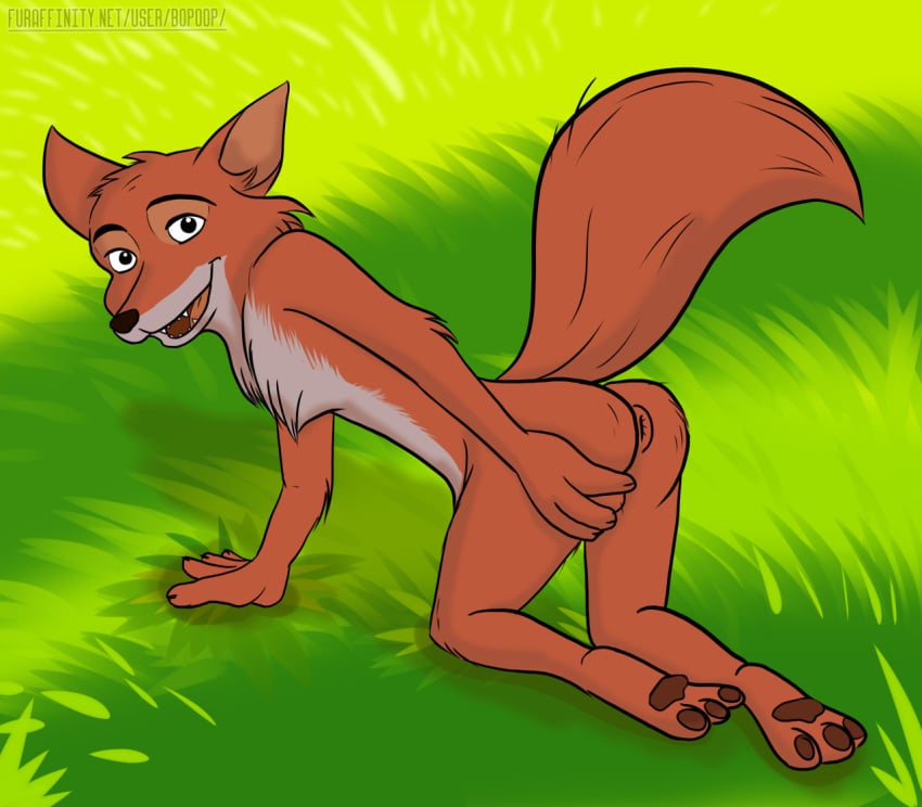 3_toes 4_fingers anthro anus ass bopoop canid canine chest_tuft disney feet fingers fluffy fluffy_tail fox fur grass head_tuft kneeling male male_only mammal nude open_mouth open_smile orange_body orange_fur pawpads plant raised_tail robin_hood robin_hood_(disney) sharp_teeth smile solo teeth toes tuft