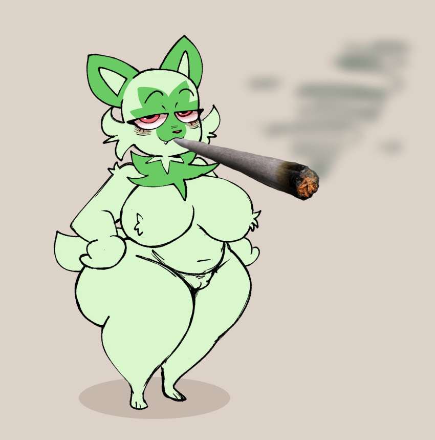 anthro big_breasts breasts cigar dork_boi feline generation_9_pokemon lewd_dorky looking_at_viewer nipple_tuft pokémon_(species) pokemon pokemon_sv pussy sprigatito thick_thighs vagina when_you_go_outside_and_smell_that_zaza