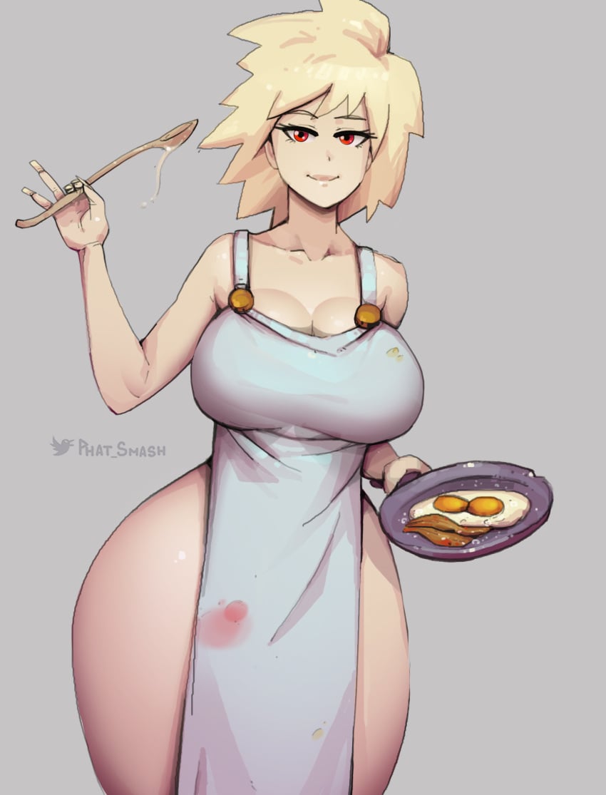 1girls apron apron_only big_breasts blonde_hair breasts cleavage female female_only food hips holding holding_plate holding_spoon huge_breasts looking_at_viewer mature mature_female mature_woman milf mitsuki_bakugou mother my_hero_academia naked_apron narrow_shoulders phat_smash plate red_eyes smile solo solo_female spoon thick_thighs thin_arms thin_waist white_apron wide_hips