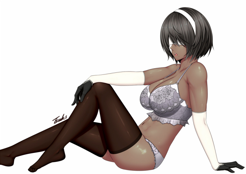 1girls armwear big_breasts black_hair black_thighhighs blindfold bra breasts cleavage eyewear female female_only gloves grey_bra grey_panties hair huge_breasts lace lace-trimmed_bra lace-trimmed_panties lace_trim legwear mole mole_under_mouth nier nier:_automata nier_(series) panties solo solo_female thick_thighs thighhighs thighs tsuki_riven white_gloves yorha_2p