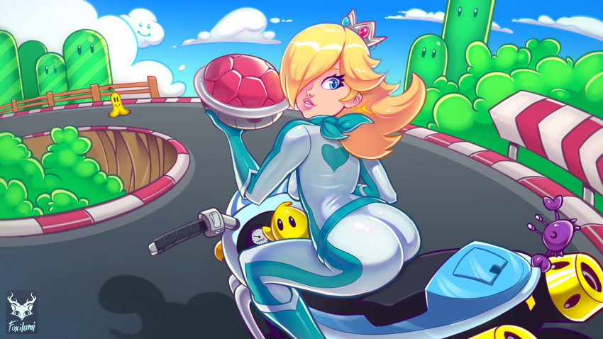 1girls ass back_view belt biker_clothes bikesuit blonde_hair blue_eyes bodysuit boots crown foxilumi gloves long_hair luma mario_(series) mario_kart motorcycle nintendo one_eye_obstructed png princess_rosalina scarf skin_tight solo tight_clothing