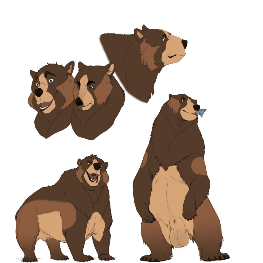 1:1 animal_genitalia balls big_balls brown_bear claws eating eating_food feral fish fully_sheathed genitals grizzly_bear hair hi_res kuruk_(character) male mammal mane mane_hair marine open_mouth paws sheath shebeast solo standing stern_look ursid ursine