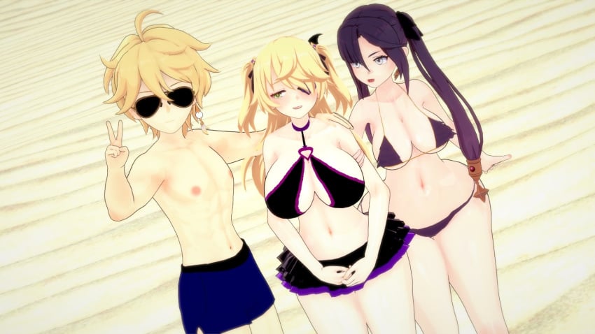 1boy 2girls aether_(genshin_impact) big_breasts bikini black_hair blonde_hair blush breasts busty cleavage dark_blue_hair dark_hair eyepatch female fischl_(genshin_impact) genshin_impact huge_breasts koikatsu large_breasts male mihoyo mona_(genshin_impact) rhcpftw sunglasses swimsuit thick_thighs thighs twintails v_sign voluptuous