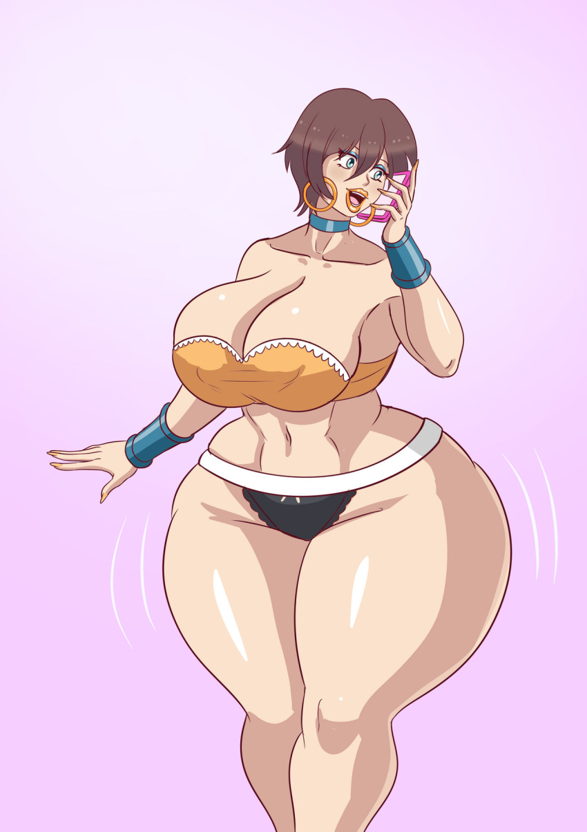 1girls abs annon bimbo bimbofication bimbofied brown_hair choker cleavage erect_nipples happy_trance hoop_earrings huge_ass huge_breasts new_game! phone shinoda_hajime short_hair slutty_outfit smile solo thick_lips thick_thighs yellow_lipstick