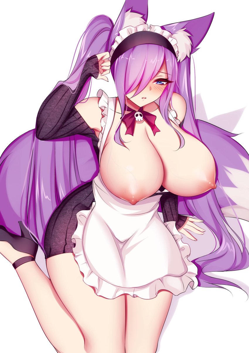 big_breasts breasts_out cleavage dirtykuro fox_ears fox_tail foxykuro hair_ornament high_heels kitsune kuro_(foxykuro) maid maid_headdress maid_uniform original purple_hair skirt twintails