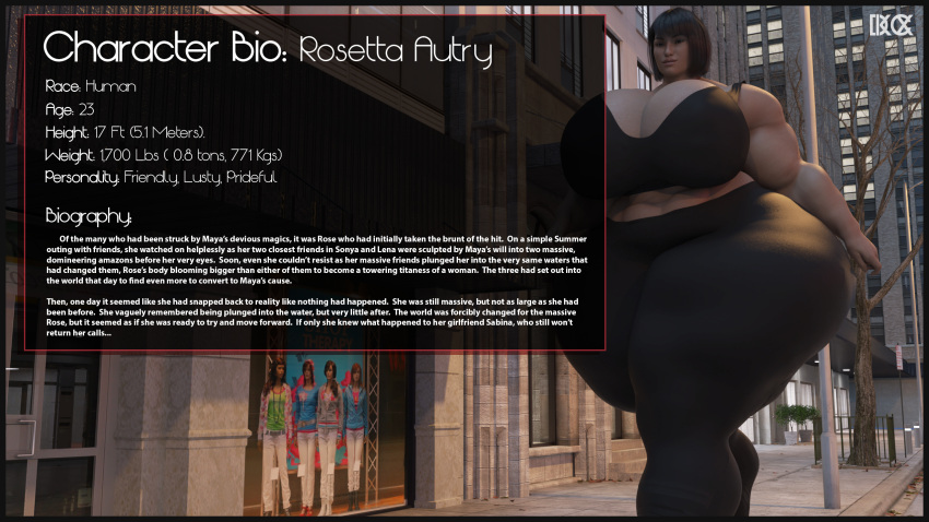 1girls 3d bangs big_breasts biography black_hair black_pants bob_cut breasts character_bio city cleavage clothing dinner-kun english_text female hair hi_res huge_breasts human medium_hair muscles muscular muscular_female pants rosetta_autry short_hair text thick_thighs thunder_thighs walking