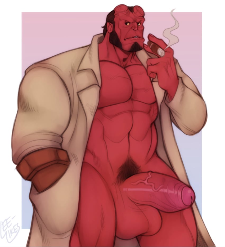 balls bara big_balls big_penis black_hair boner dark_horse demon erection facial_hair hellboy hellboy_(series) jacket leelikessmut male male_only muscles muscular open_jacket pantsless penis red_body shirtless solo solo_male