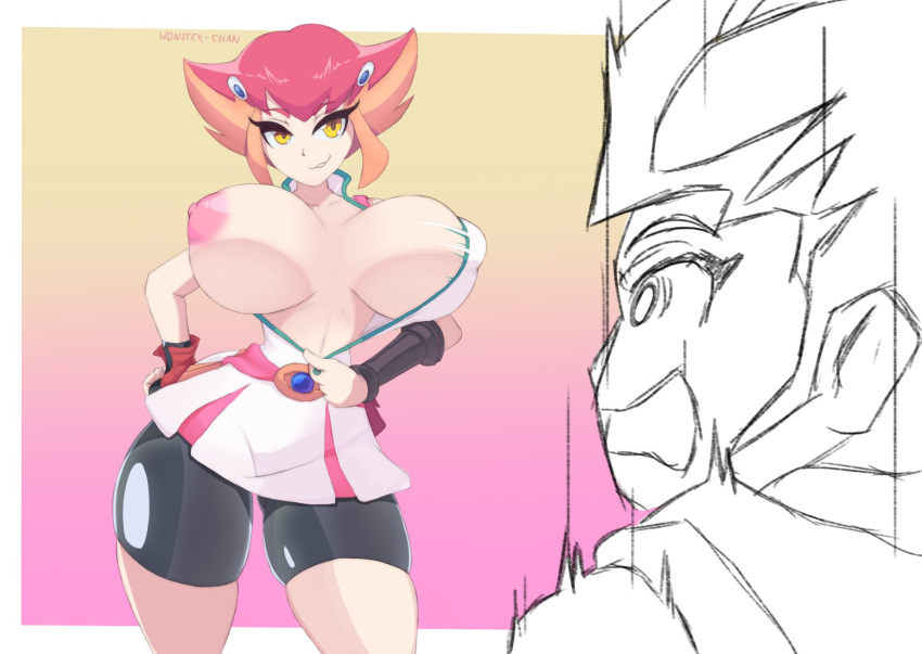 anna_kozuki areolae big_breasts breasts_out clothing female huge_breasts nipples shocked short_hair shorts skirt smug surprised tagme tomboy unzipped wonster-chan yu-gi-oh! yu-gi-oh!_zexal yuma_tsukumo