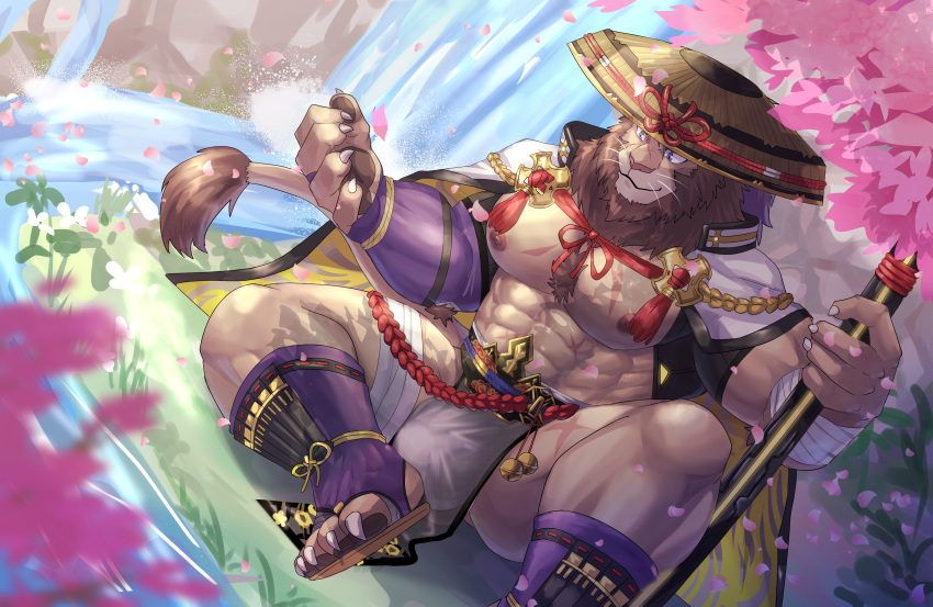 abs absurd_res anthro asian_clothing brown_body brown_fur bulge cherry_blossom claws clothing detailed_bulge east_asian_clothing felid fundoshi fur genital_outline hat headgear headwear hi_res japanese_clothing katana lifewonders lion live-a-hero male male_only mammal melee_weapon muscular muscular_anthro muscular_male nipples pantherine pecs penis_outline plant samurai solo straw_hat sword toshu_(live_a_hero) underwear video_games warrior waterfall weapon weedwolfeatmeat