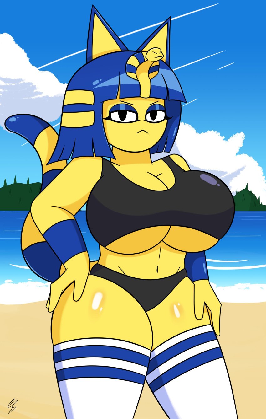 animal_crossing ankha anthro beach breasts female foxsuo looking_at_viewer nintendo sports_bra thick_thighs thighhighs thighs wide_hips