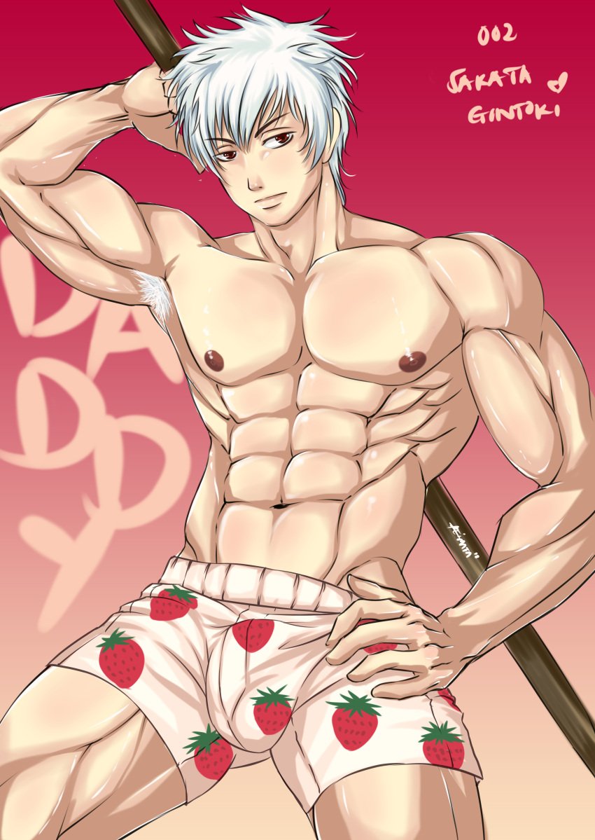 abs alternate_version_available arm_up armpit_hair boxers bulge gintama gintoki_sakata gradient_background hand_on_hip hi_res keimata looking_back male male_only muscular muscular_male penis red_background red_eyes solo strawberry_print sword topless topless_male underwear underwear_only very_high_resolution weapon white_hair