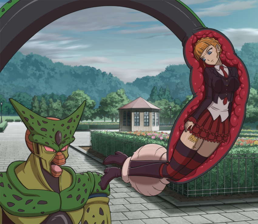 07th_expansion 1boy 1girls 2022 absorbing absorption absorption_vore beatrice_(umineko) big_breasts blue_eyes blue_sky breasts cell_(dragon_ball) clouds crossover dragon_ball dragon_ball_z female flesh_tunnel flesh_wall fleshy_tentacle forced forced_vore grass huge_tail leggings legwear male orange_hair orange_tail shiny_hair shiny_skin short_hair squeezing tail_bondage tail_bulge tail_grab tail_motion tail_vore tailjob umineko_no_naku_koro_ni vore x-ray yugerov