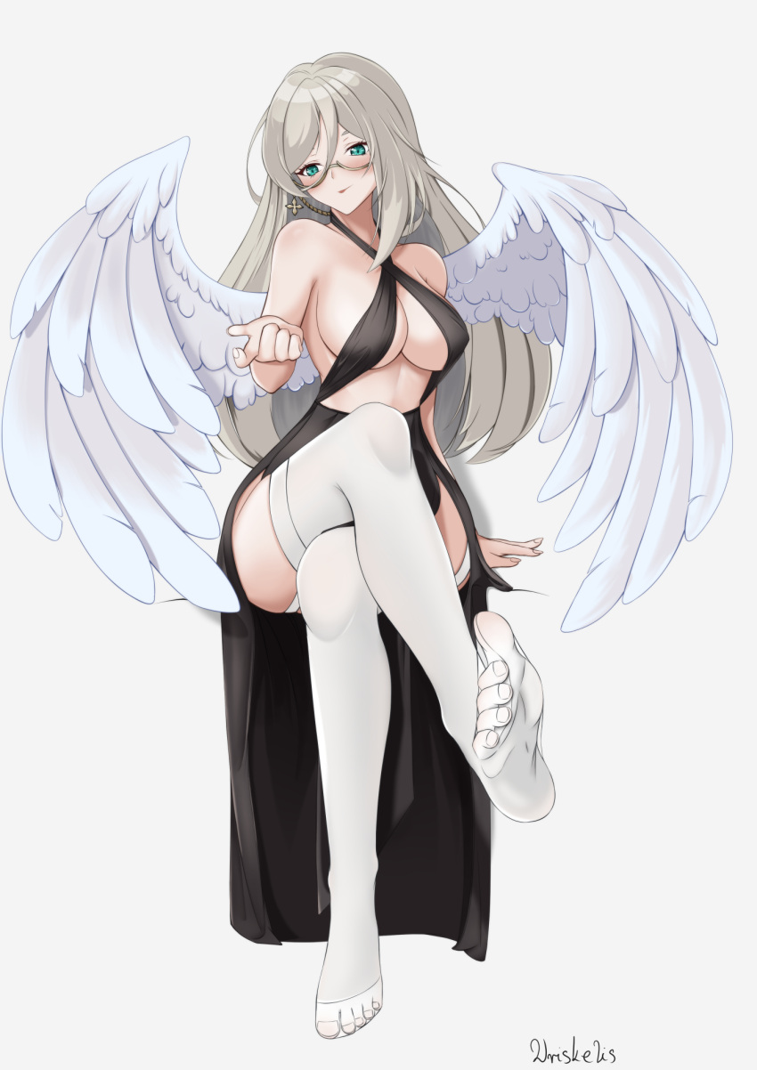 1girls aia_amare angel angel_wings bare_shoulders barely_contained_breasts big_breasts black_dress blue_eyes blush cleavage dress exposed_shoulders feet foot_focus glasses gray_hair green_eyes grey_hair legwear light-skinned_female light_skin nijisanji nijisanji_en one_foot_raised sideboob solo stockings thighhighs thighs tongue_out virtual_youtuber wings wriskelis