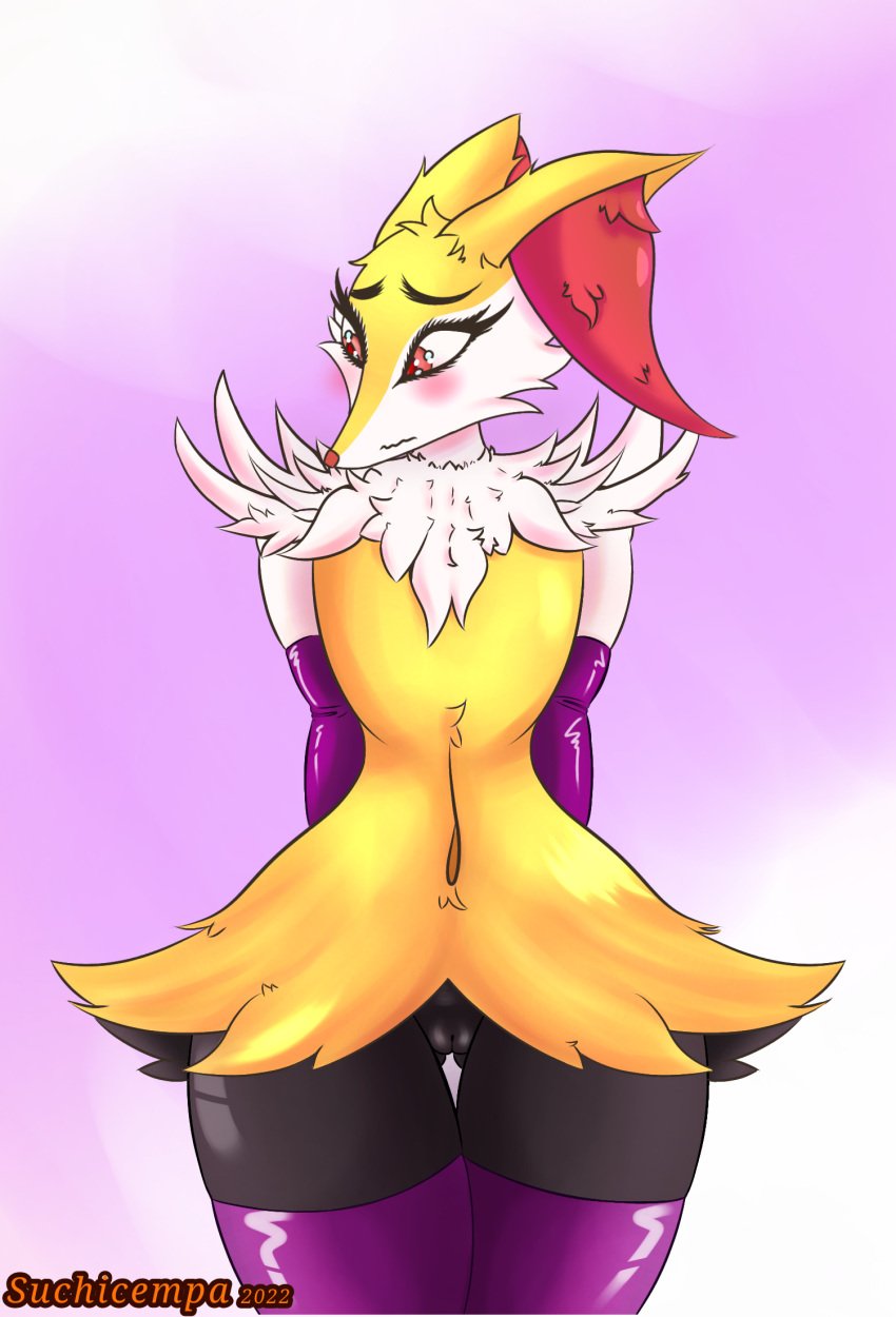 anthro braixen canid canine clothed clothing embarrassed female generation_6_pokemon genitals hi_res mammal nintendo pokémon_(species) pokemon pokemon_(species) pussy simple_background solo suchicempa video_games