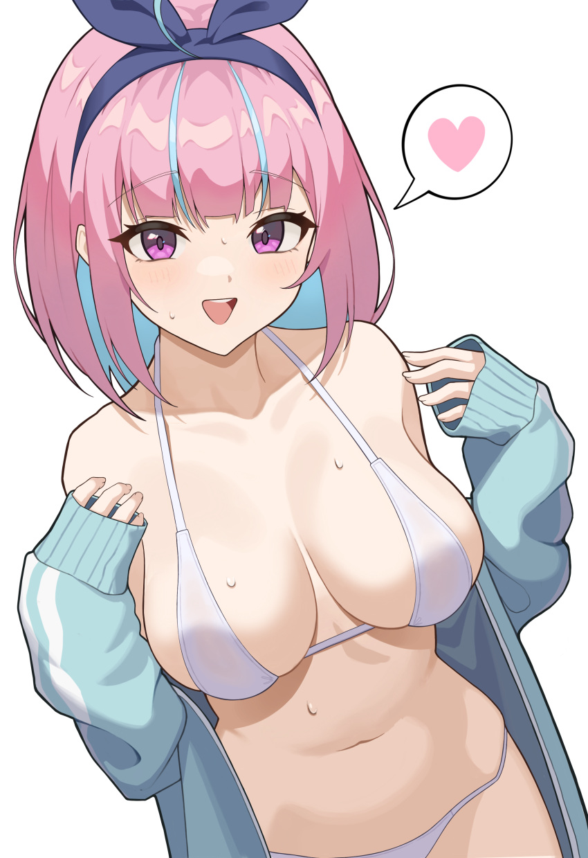 1girls :d absurdres ahoge bangs bare_shoulders bikini blue_hair blue_hairband blue_jacket blunt_bangs blush bob_cut bow_hairband breasts collarbone dutch_angle female hairband halterneck hands_up heart highres hololive hololive_gen_2 hololive_japan jacket large_breasts light-skinned_female light_skin looking_at_viewer minato_aqua multicolored_hair navel new_sankin_nyu off_shoulder open_clothes open_jacket open_mouth pink_hair purple_eyes short_hair sidelocks simple_background sleeves_past_wrists smile solo speech_bubble spoken_heart stomach streaked_hair string_bikini sweat swimsuit teeth two-tone_hair upper_teeth virtual_youtuber white_background white_bikini