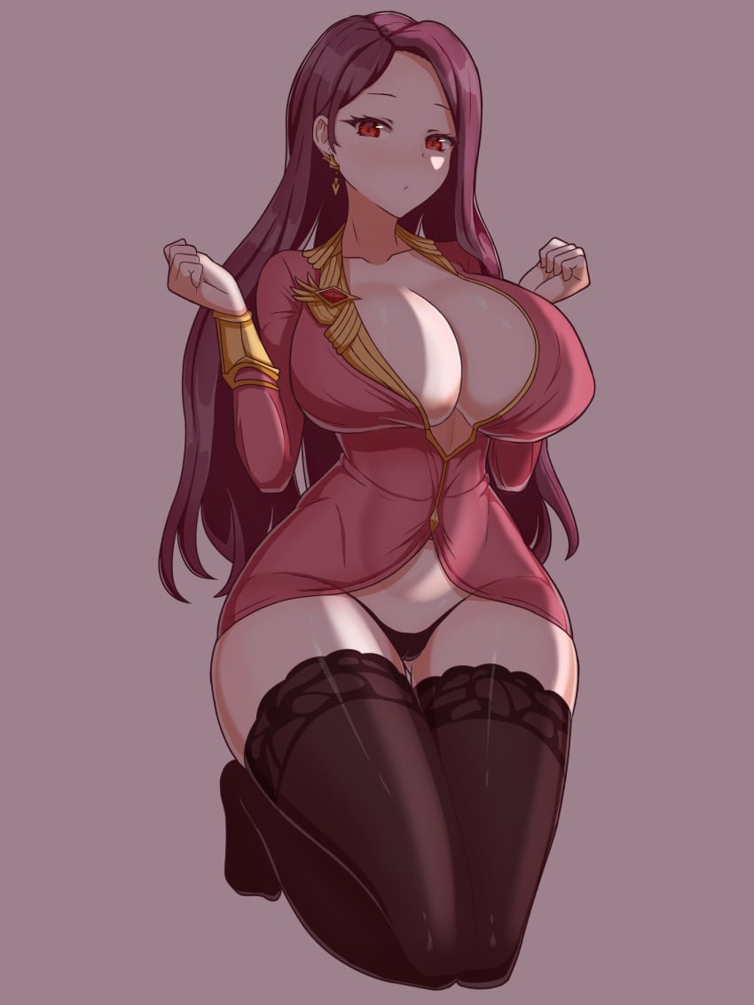 1girls alternate_version_available big_breasts black_thong bottomwear breasts cleavage clothing ear_piercing earrings female female_only hair huge_breasts lace lace-trimmed_thighhighs lace_trim last_origin legwear lemonade_alpha long_hair mature mature_female purple_hair red_eyes solo solo_female soranotsuno thick_thighs thighhighs thighs thong topwear