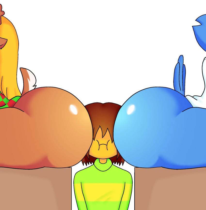 1girls 2boys 2boys1girl ass avian berdly blonde_hair blue_body bottomless butt_bump deer deltarune eyeless furry huge_ass human kris_(deltarune) large_ass noelle_holiday sitting tail_up thick_thighs white_background