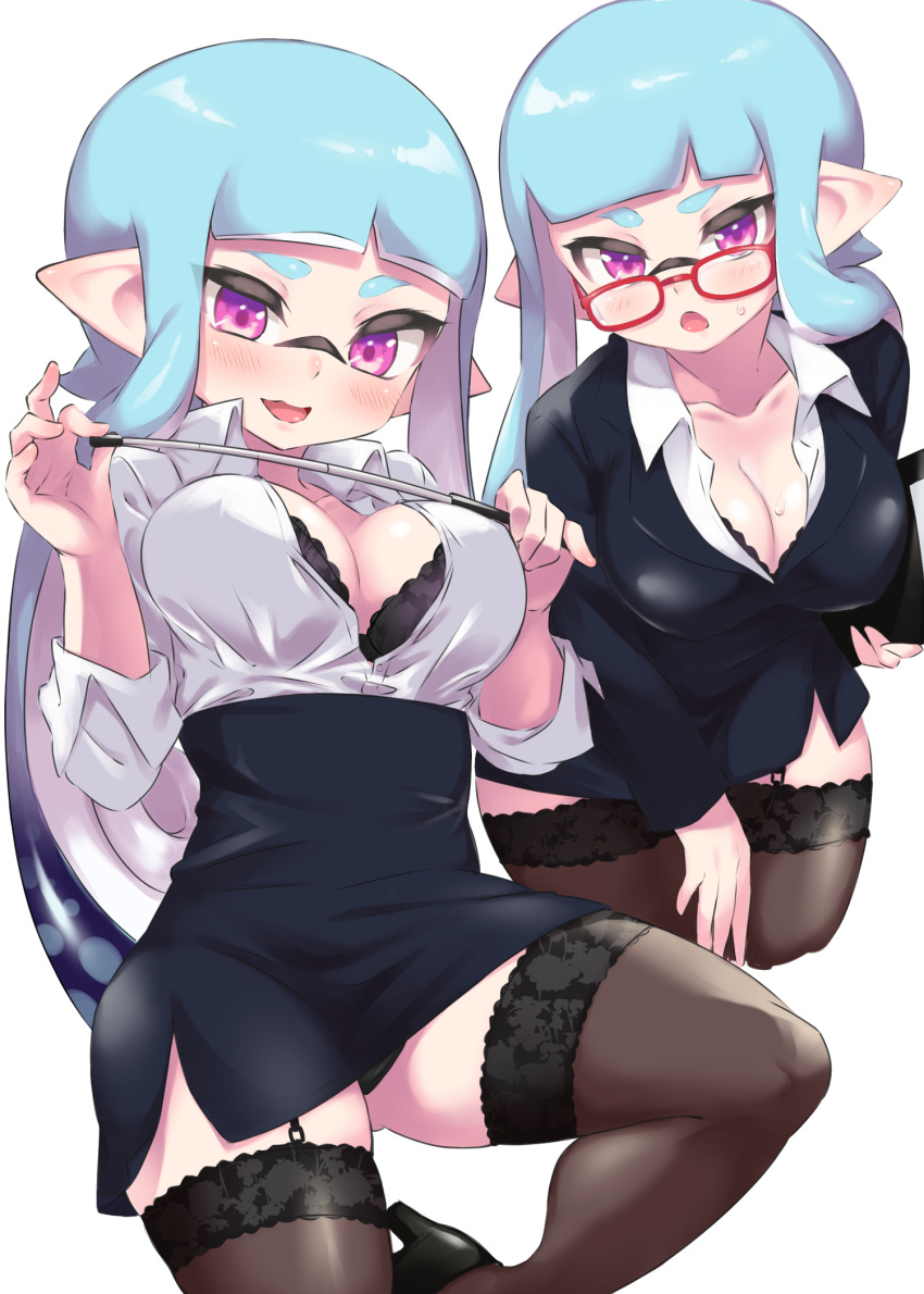 1girls agent_3_(splatoon) breasts cleavage female female_only glasses inkling inkling_girl nintendo office_lady pengin_maru solo solo_female splatoon splatoon_(series) tagme thick_thighs