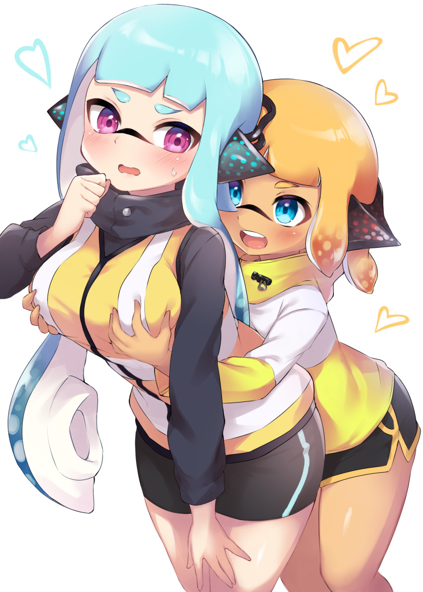 2girls agent_3_(splatoon) agent_4_(splatoon) breast_grab breasts duo female female_only groping groping_from_behind huge_breasts inkling inkling_girl multiple_girls nintendo pengin_maru splatoon splatoon_2 tagme