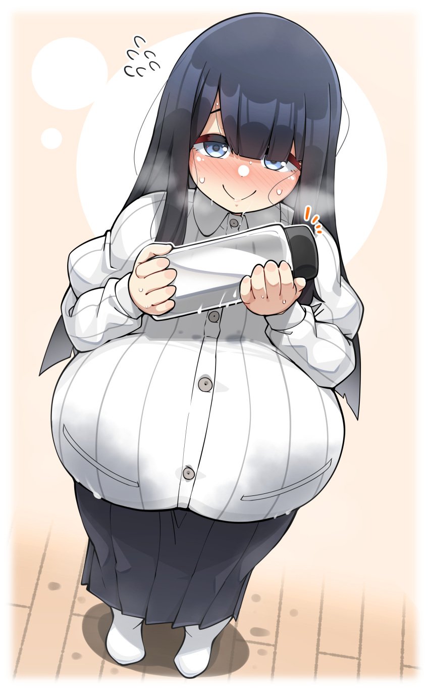 1girls absurdres bangs black_hair blue_eyes blunt_bangs blush bottle closed_mouth collared_shirt embarrassed female female_only from_above full_body gigantic_breasts hair_over_shoulder highres konoshige_(ryuun) lactation lactation_through_clothes li-chan_(konoshige) long_hair long_skirt looking_at_viewer milk original ryuun_(stiil) shiny shiny_hair shiny_skin shirt shortstack sidelocks skirt smile socks solo standing sweat sweatdrop