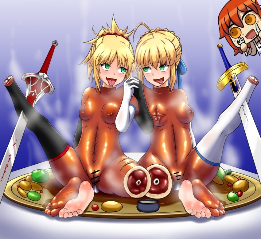 3girls ahe_gao amputated_leg amputee anal_insertion artoria_pendragon bar_censor blonde_hair breasts_apart cannibalism censored chibi_inset clasped_hands cleft_of_venus cooked cooked_person corpse eyes_rolling_back facing_viewer fate/grand_order fate_(series) father_and_daughter female_only fork full_body gloves_only gore gudako guro gynophagia hair_ribbon holding_hands impaled impalement knife lezdom mordred_(fate) mouth_drool naked_gloves naked_thighhighs nude nude_female partially_nude platter pussy saber small_breasts stabbed steam stitches stuffed_belly sword tagme thighhighs_only tongue_out yuri