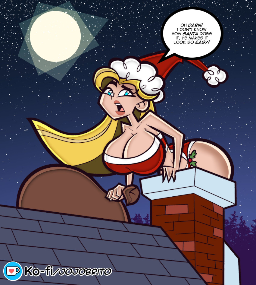 1girls 2022 bare_midriff big_breasts blonde_hair blue_eyes breasts chimney christmas cleavage hourglass_figure huge_ass huge_breasts jojobrito lindsay_(tdi) santa_costume santa_hat solo solo_female stuck stuck_in_chimney tagme thick total_drama_island