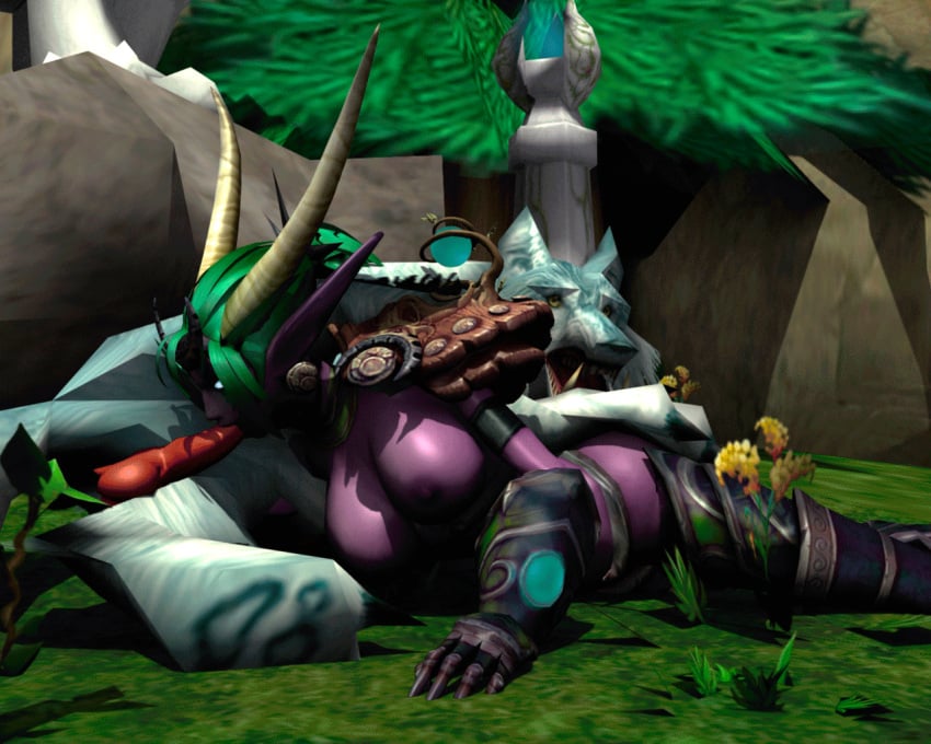 1boy 1girls animated animated blizzard_entertainment blowjob canine_penis fellatio green_hair interspecies large_breasts primer_(artist) purple_skin warcraft wolf world_of_warcraft ysera zoophilia