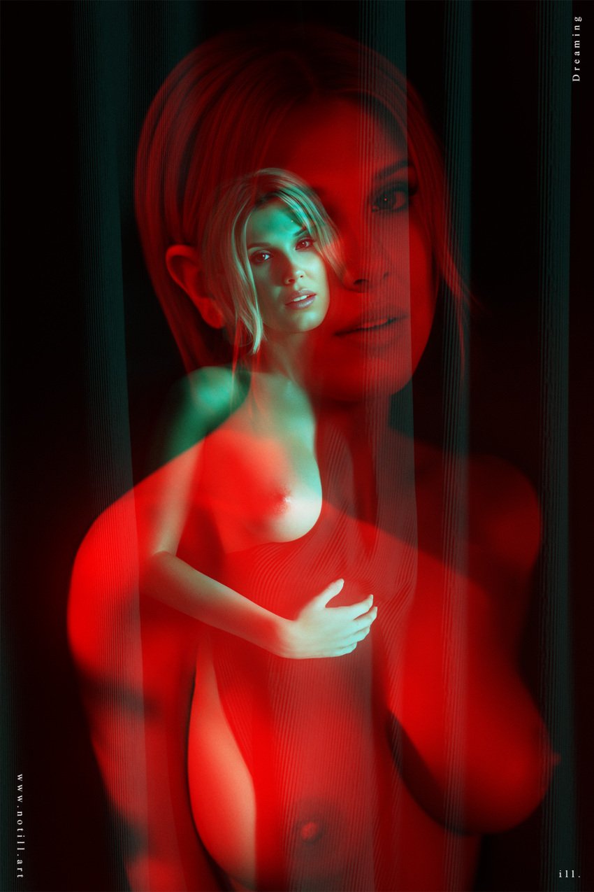 3d ai_generated blonde_female blonde_hair celebrity eleven_(stranger_things) exposed_breasts female human human_only makeup millie_bobby_brown notill nude nude_female photorealism photoshoot pose real_person realistic teasing